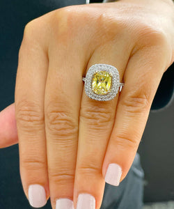 14K Solid White and Yellow Gold Fancy Yellow Cushion and Round Cut Simulated Diamonds Engagement Ring Set Double Halo Wedding Bridal 4.50ctw