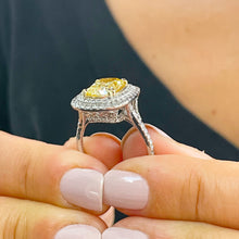 Load image into Gallery viewer, 14K Solid White and Yellow Gold Fancy Yellow Cushion and Round Cut Simulated Diamonds Engagement Ring Set Double Halo Wedding Bridal 4.50ctw
