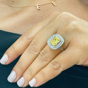 14K Solid White and Yellow Gold Fancy Yellow Cushion and Round Cut Simulated Diamonds Engagement Ring Set Double Halo Wedding Bridal 4.50ctw