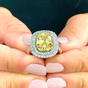 14K Solid White and Yellow Gold Fancy Yellow Cushion and Round Cut Simulated Diamonds Engagement Ring Set Double Halo Wedding Bridal 4.50ctw