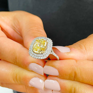 14K Solid White and Yellow Gold Fancy Yellow Cushion and Round Cut Simulated Diamonds Engagement Ring Set Double Halo Wedding Bridal 4.50ctw
