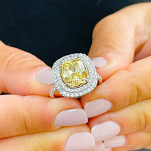 Load image into Gallery viewer, 14K Solid White and Yellow Gold Fancy Yellow Cushion and Round Cut Simulated Diamonds Engagement Ring Set Double Halo Wedding Bridal 4.50ctw
