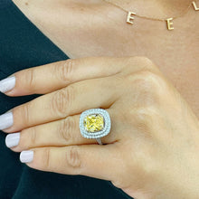 Load image into Gallery viewer, 14K Solid White and Yellow Gold Fancy Yellow Cushion and Round Cut Simulated Diamonds Engagement Ring Set Double Halo Wedding Bridal 4.50ctw
