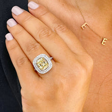 Load image into Gallery viewer, 14K Solid White and Yellow Gold Fancy Yellow Cushion and Round Cut Simulated Diamonds Engagement Ring Set Double Halo Wedding Bridal 4.50ctw
