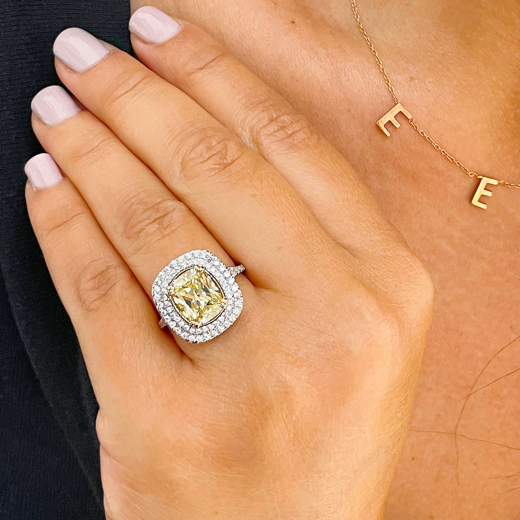 14K Solid White and Yellow Gold Fancy Yellow Cushion and Round Cut Simulated Diamonds Engagement Ring Set Double Halo Wedding Bridal 4.50ctw