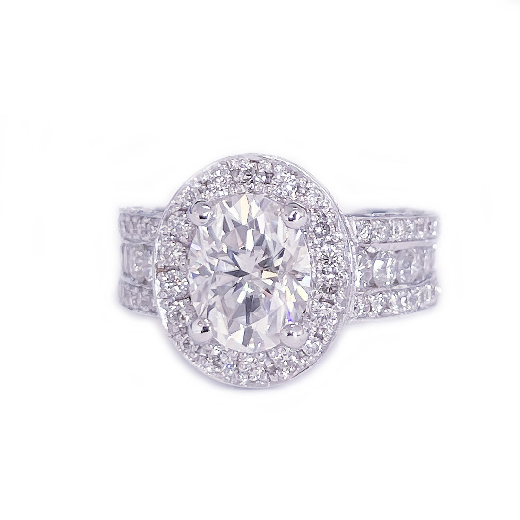 14K Solid And Heavy White Gold 4.00ct Oval and Round, Prong Halo, Engagement Ring, Bridal Set, Simulated Diamond