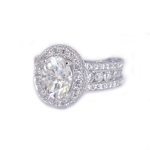 14K Solid And Heavy White Gold 4.00ct Oval and Round, Prong Halo, Engagement Ring, Bridal Set, Simulated Diamond