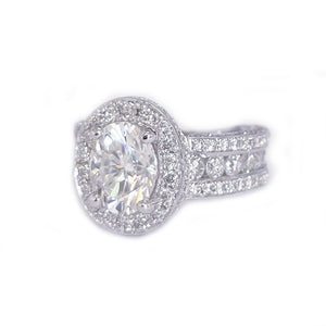 14K Solid White Gold Oval Cut Forever One Moissanite And Natural Round cut Diamond Engagement Ring Deco, Halo, Bridal 4.00ct