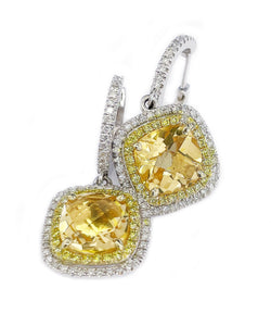14K Solid White And Yellow Gold Round Cut Natural Yellow Citrine And Natural Diamonds Dangling Earrings Double Halo Style 4.80ctw