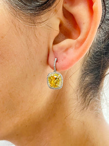 14K Solid White And Yellow Gold Round Cut Natural Yellow Citrine And Natural Diamonds Dangling Earrings Double Halo Style 4.80ctw