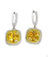 Load image into Gallery viewer, 14K Solid White And Yellow Gold Round Cut Natural Yellow Citrine And Natural Diamonds Dangling Earrings Double Halo Style 4.80ctw
