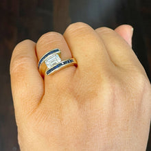 Load image into Gallery viewer, 14K Solid Yellow Gold Emerald Cut Forever One Moissanite And Princess Cut Natural Sapphires Engagement Ring Semi Tension Set 3.50ctw
