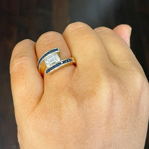 14K Solid Yellow Gold Emerald Cut Forever One Moissanite And Princess Cut Natural Sapphires Engagement Ring Semi Tension Set 3.50ctw