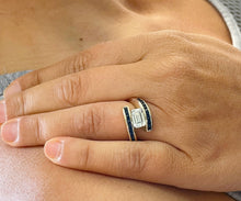 Load image into Gallery viewer, 14K Solid Yellow Gold Emerald Cut Forever One Moissanite And Princess Cut Natural Sapphires Engagement Ring Semi Tension Set 3.50ctw
