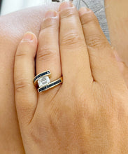 Load image into Gallery viewer, 14K Solid Yellow Gold Emerald Cut Forever One Moissanite And Princess Cut Natural Sapphires Engagement Ring Semi Tension Set 3.50ctw
