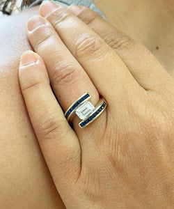 14K Solid Yellow Gold Emerald Cut Forever One Moissanite And Princess Cut Natural Sapphires Engagement Ring Semi Tension Set 3.50ctw
