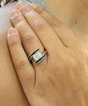 Load image into Gallery viewer, 14K Solid Yellow Gold Emerald Cut Forever One Moissanite And Princess Cut Natural Sapphires Engagement Ring Semi Tension Set 3.50ctw
