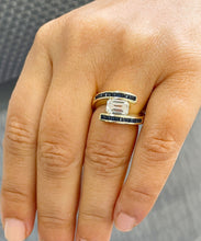 Load image into Gallery viewer, 14K Solid Yellow Gold Emerald Cut Forever One Moissanite And Princess Cut Natural Sapphires Engagement Ring Semi Tension Set 3.50ctw
