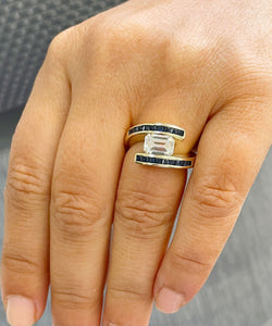 14K Solid Yellow Gold Emerald Cut Forever One Moissanite And Princess Cut Natural Sapphires Engagement Ring Semi Tension Set 3.50ctw