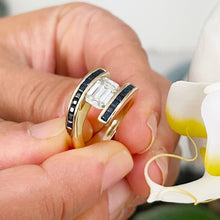 Load image into Gallery viewer, 14K Solid Yellow Gold Emerald Cut Forever One Moissanite And Princess Cut Natural Sapphires Engagement Ring Semi Tension Set 3.50ctw
