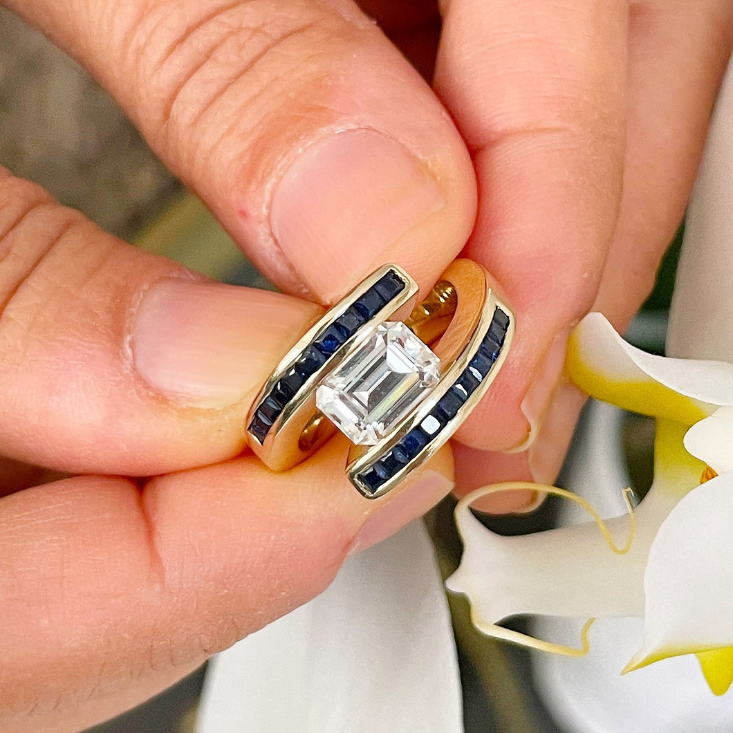 14K Solid Yellow Gold Emerald Cut Forever One Moissanite And Princess Cut Natural Sapphires Engagement Ring Semi Tension Set 3.50ctw