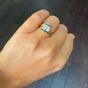 14K Solid Yellow Gold Emerald Cut Moissanite And Princess Cut Natural Sapphires Engagement Ring Semi Tension Set 3.50ctw