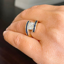 Load image into Gallery viewer, 14K Solid And Heavy Yellow Gold Simulated Emerald Cut And Simulated Sapphires Engagement Ring Semi Tension Set 3.50ct
