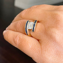 Load image into Gallery viewer, 14K Solid Yellow Gold Emerald Cut Forever One Moissanite And Princess Cut Natural Sapphires Engagement Ring Semi Tension Set 3.50ctw
