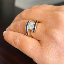 Load image into Gallery viewer, 14K Solid Yellow Gold Emerald Cut Moissanite And Princess Cut Natural Sapphires Engagement Ring Semi Tension Set 3.50ctw
