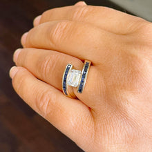 Load image into Gallery viewer, 14K Solid Yellow Gold Emerald Cut Moissanite And Princess Cut Natural Sapphires Engagement Ring Semi Tension Set 3.50ctw
