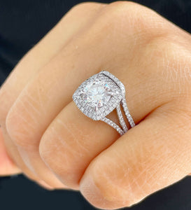 14k Solid White Gold Round Cut Moissanite and Natural Diamond Engagement Ring And Band Double Halo, Bridal Split Shank 3.25ctw