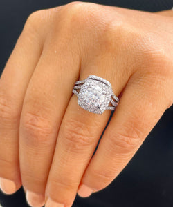 14k Solid White Gold Round Cut Moissanite and Natural Diamond Engagement Ring And Band Double Halo, Bridal Split Shank 3.25ctw