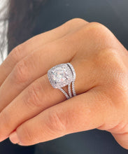 Load image into Gallery viewer, 14k Solid White Gold Round Cut Moissanite and Natural Diamond Engagement Ring And Band Double Halo, Bridal Split Shank 3.25ctw
