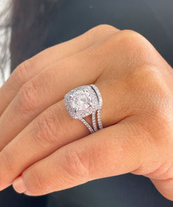 14K Solid White Gold Round Cut Simulated Diamonds Engagement Ring And Band Double Halo Split Shank Wedding Bridal Antique Deco Style 3.25ctw