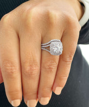 Load image into Gallery viewer, 14k Solid White Gold Round Cut Moissanite and Natural Diamond Engagement Ring And Band Double Halo, Bridal Split Shank 3.25ctw
