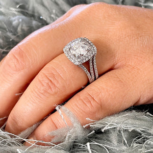 14k Solid White Gold Round Cut Moissanite and Natural Diamond Engagement Ring And Band Double Halo, Bridal Split Shank 3.25ctw