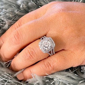 14k Solid White Gold Round Cut Moissanite and Natural Diamond Engagement Ring And Band Double Halo, Bridal Split Shank 3.25ctw