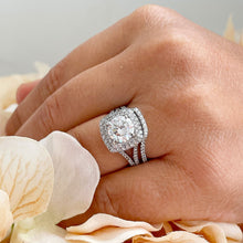 Load image into Gallery viewer, 14k Solid White Gold Round Cut Moissanite and Natural Diamond Engagement Ring And Band Double Halo, Bridal Split Shank 3.25ctw
