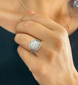 14k Solid White Gold Round Cut Moissanite and Natural Diamond Engagement Ring And Band Double Halo, Bridal Split Shank 3.25ctw