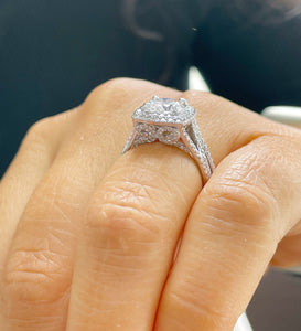 14k Solid White Gold Round Cut Moissanite and Natural Diamond Engagement Ring And Band Double Halo, Bridal Split Shank 3.25ctw