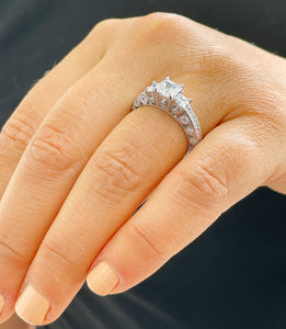 Beautiful 14K Solid White Gold Princess And Round Cut Simulated Diamonds Engagement Ring Prong Antique Style Filigree Wedding Bridal 2.50ct
