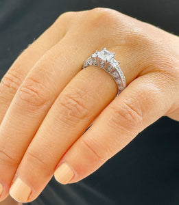 14K Solid White Gold Princess Cut Moissanite And Round And Princess Cut Natural Diamond Engagement Ring Antique Style 2.25ctw