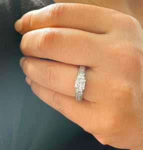Beautiful 14K Solid White Gold Princess And Round Cut Simulated Diamonds Engagement Ring Prong Antique Style Filigree Wedding Bridal 2.50ct