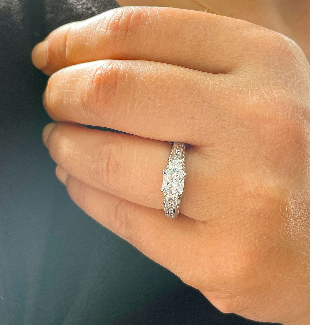14K Solid White Gold Princess Cut Moissanite And Round And Princess Cut Natural Diamond Engagement Ring Antique Style 2.25ctw
