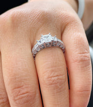 Load image into Gallery viewer, 14K Solid White Gold Princess Cut Forever One Moissanite And Round And Princess Cut Natural Diamond Engagement Ring Antique Style 2.25ctw
