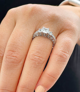 14K Solid White Gold Princess Cut Moissanite And Round And Princess Cut Natural Diamond Engagement Ring Antique Style 2.25ctw