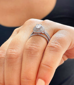 14k Solid White Gold Oval and Round Cut Natural Diamond Engagement Ring And Two Band Double Halo, Bridal, Wedding 1.50ctw