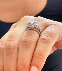 14k Solid White Gold Oval and Round Cut Forever One Moissanite and Diamond Engagement Ring And Two Band Double Halo, Bridal, Wedding 2.20ctw