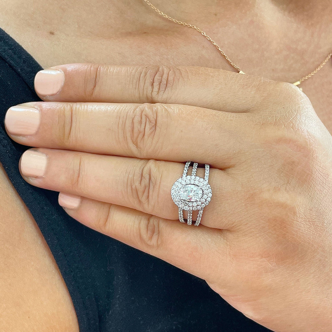 14k Solid White Gold Oval and Round Cut Natural Diamond Engagement Ring And Two Band Double Halo, Bridal, Wedding 1.50ctw