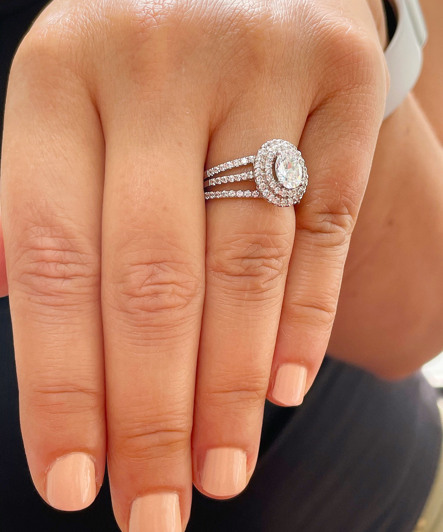 14K Solid White Gold Oval and Round, Prong Deco Halo, Engagement Ring, Bridal Style, Simulated Diamond, Wedding Ring and Two Bands Set